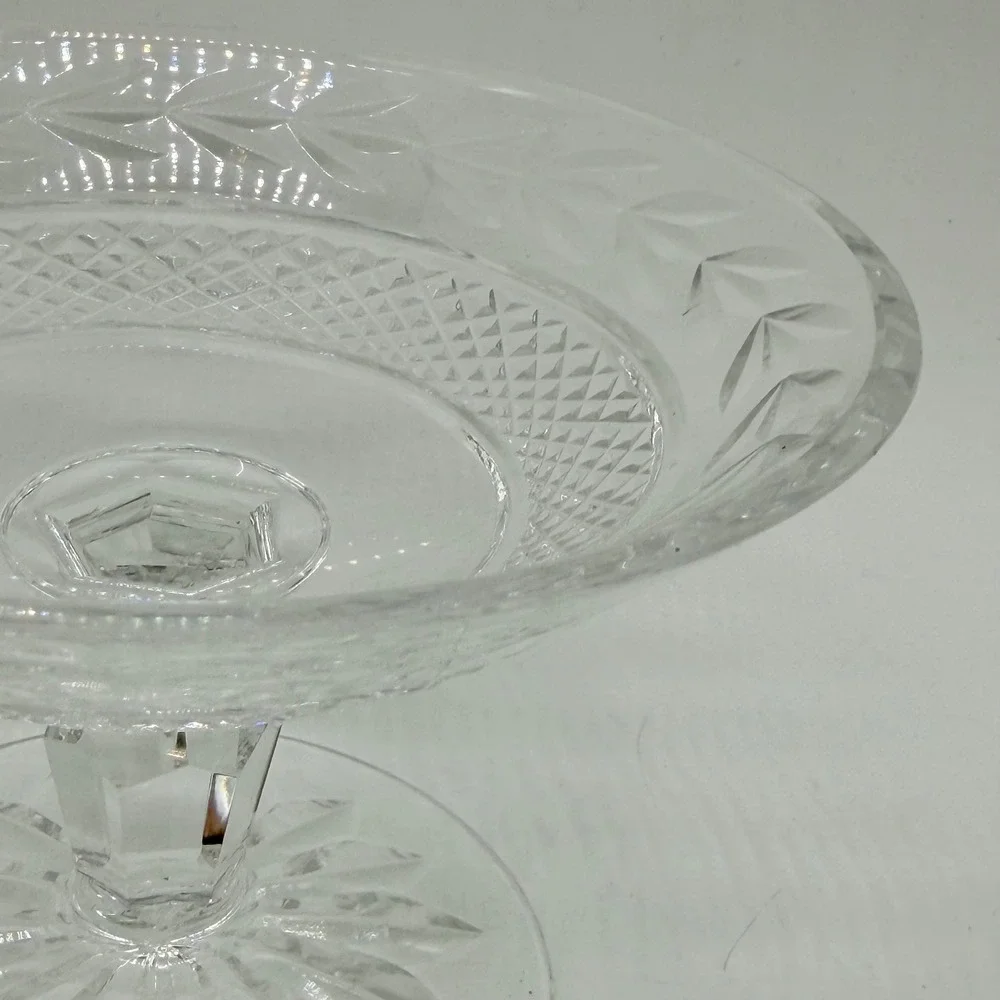 Vintage Cut Glass Pedestal Bowl Footed Candy Dish Laurel Leaf Etched Centerpiece